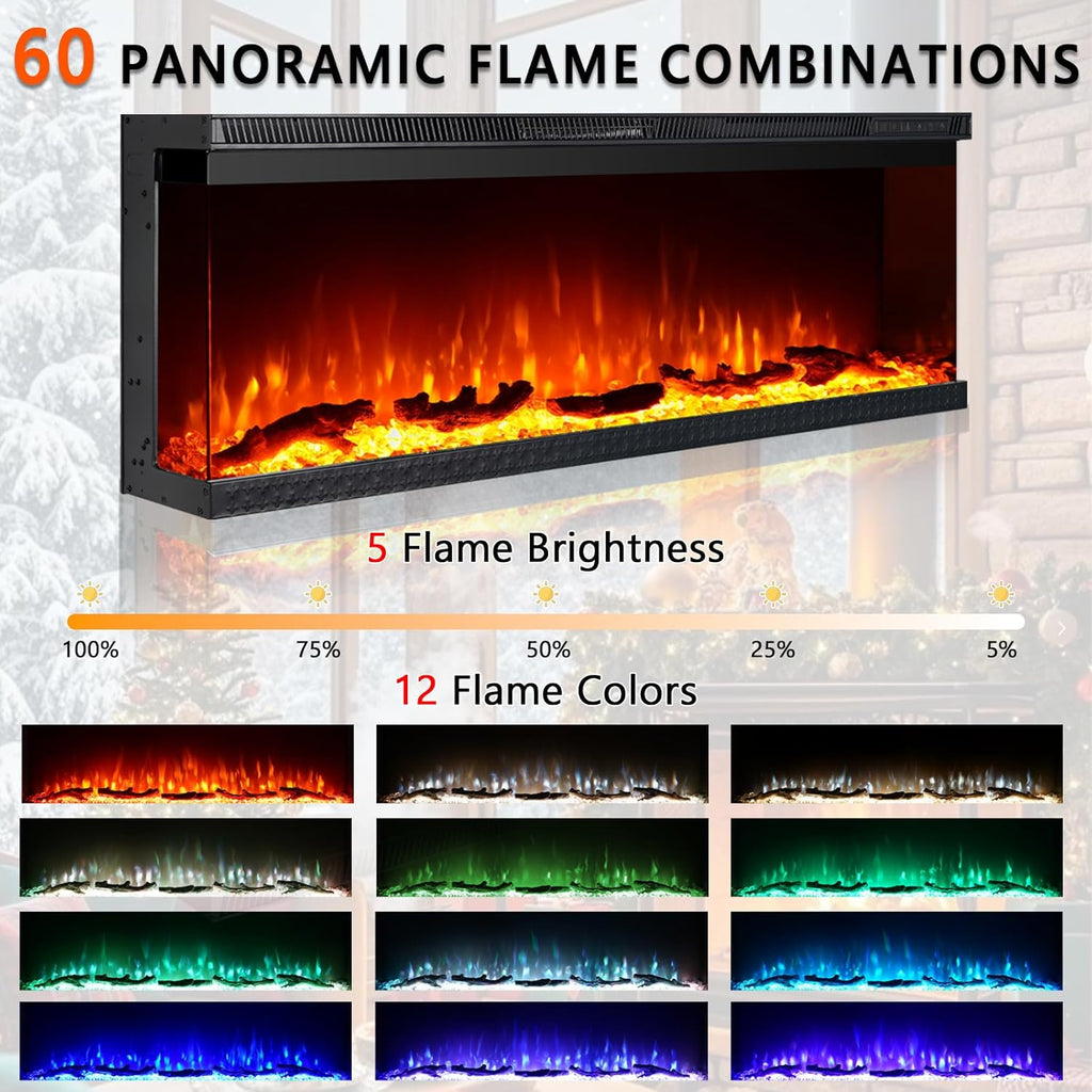 3-Sided View Electric Fireplace Insert - Freestanding Fireplace Minimalist Mantel - 12 Color Flame Effect - 1500/750