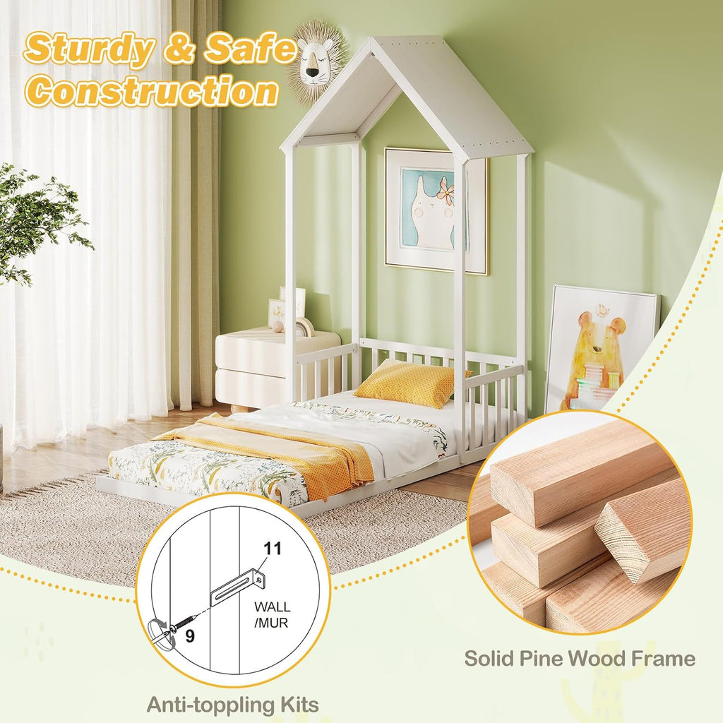 House Bed, Montessori Floor Bed with House Shape Roof & Semi-Fence, Solid Wood Bed Frame Without Slats, Low