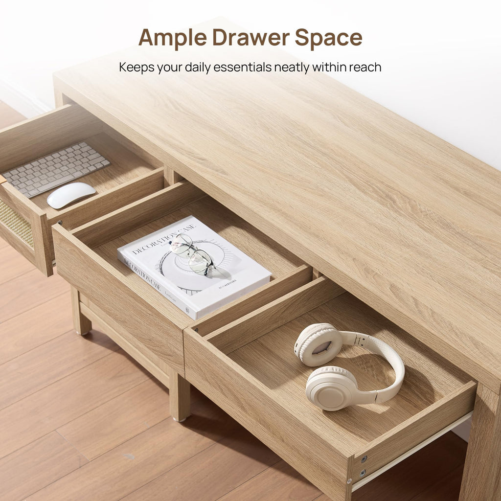 55" Rattan Desk with 3 Drawers - Wood Office Computer Desk with Storage Modern Boho Home Office Desks with Side