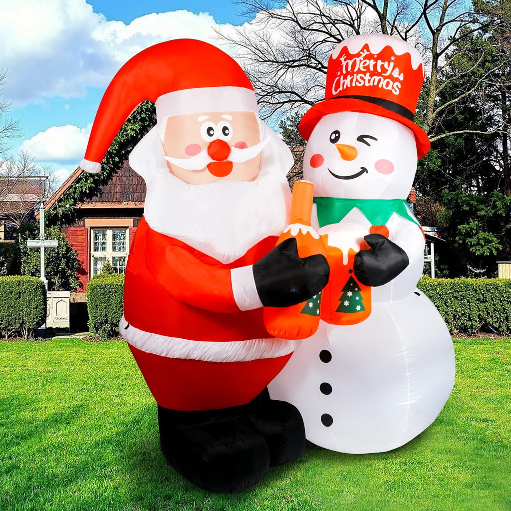 7FT Christmas Inflatable Outdoor Decoration, Inflatable Santa and Snowman Toasting with Light, Rotating Colorful LED
