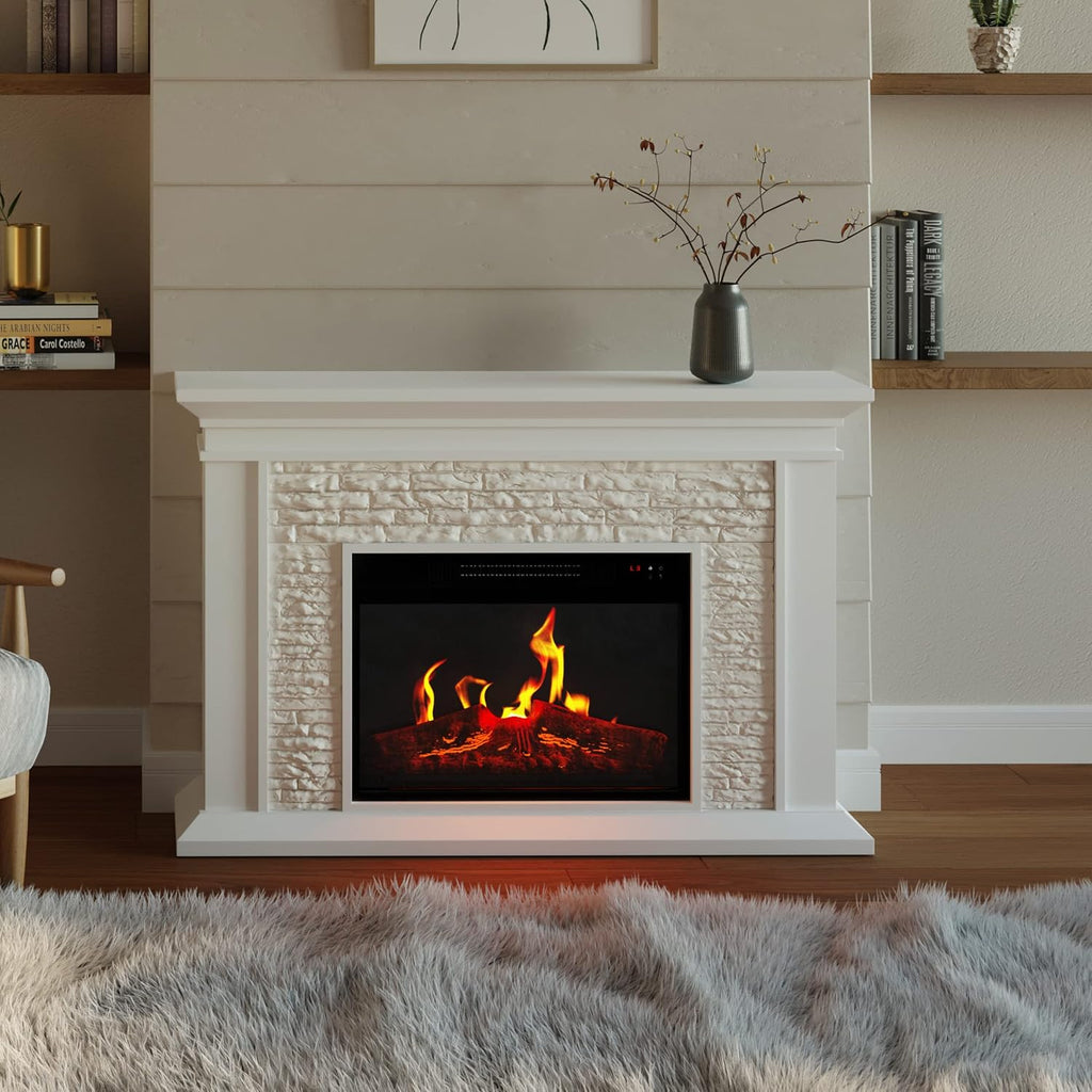 Electric Fireplace with Mantel - Freestanding Heater with Remote Control, Light-Adjustable LED Flames, and Faux Logs