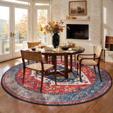 Boho Round Area Rug, 8ft Washable Non-Slip Circle Rug, Ultra Soft Large Oriental Vintage Rust Low-Pi