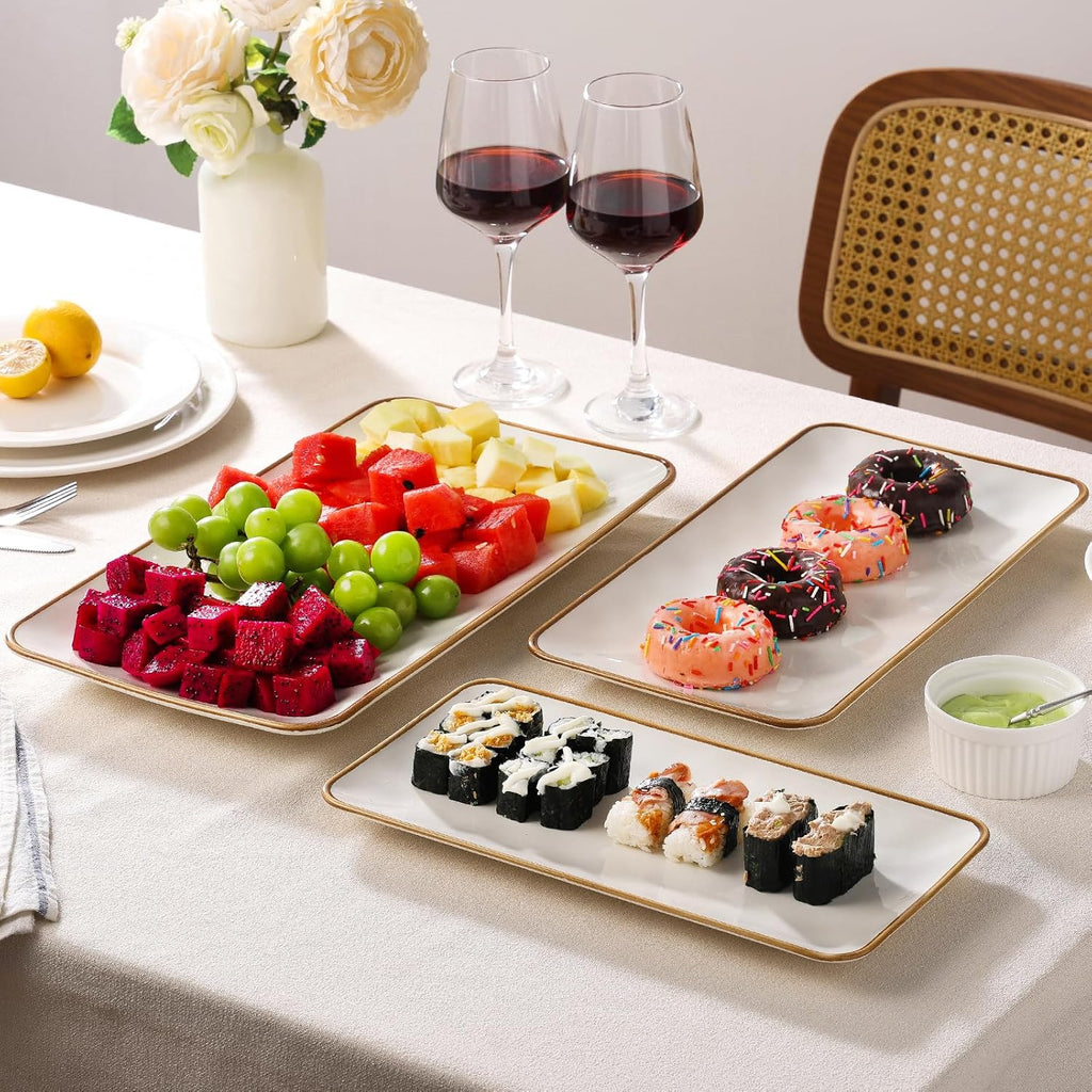 Ceramic Rectangle Serving Platter with Brown Rim: 15.6/14.1/12.6 Inch Large Serving Dishes for Entertaining Party