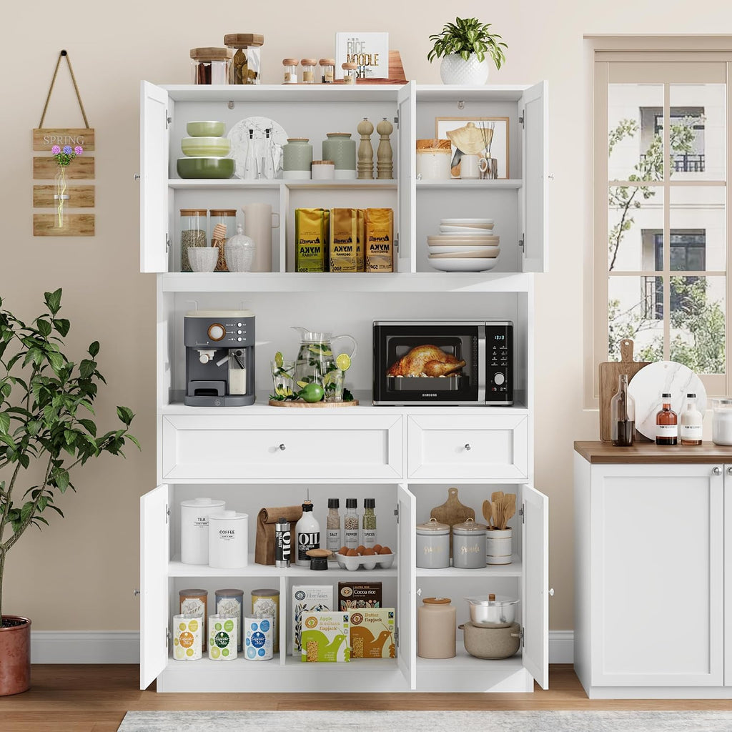 72" Kitchen Pantry Cabinet, Kitchen Hutch with Microwave Stand, Buffet Cabinet with Hutch , White | 2 Drawers, Large