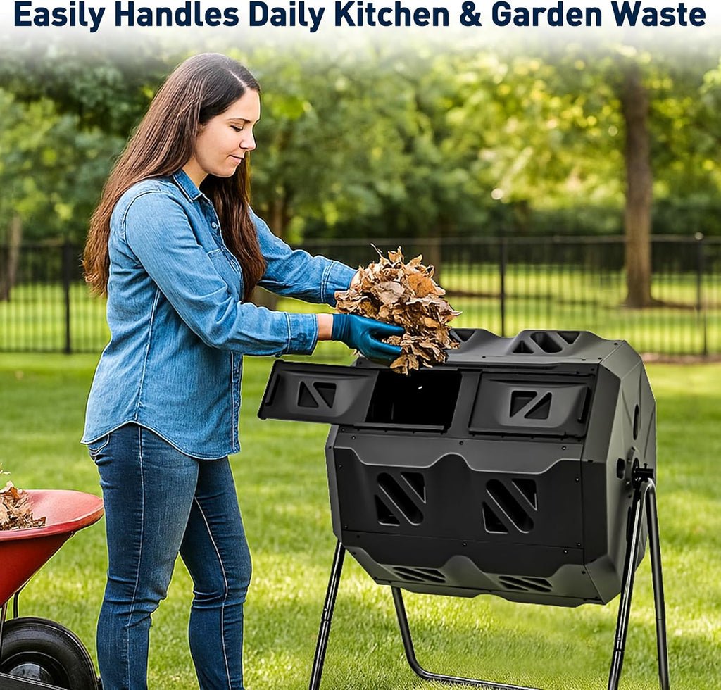 Dual Chamber Compost Bin Outdoor with Sliding Doors, 43 Gallon | 360° Rotating Tumbling Composter, Efficient