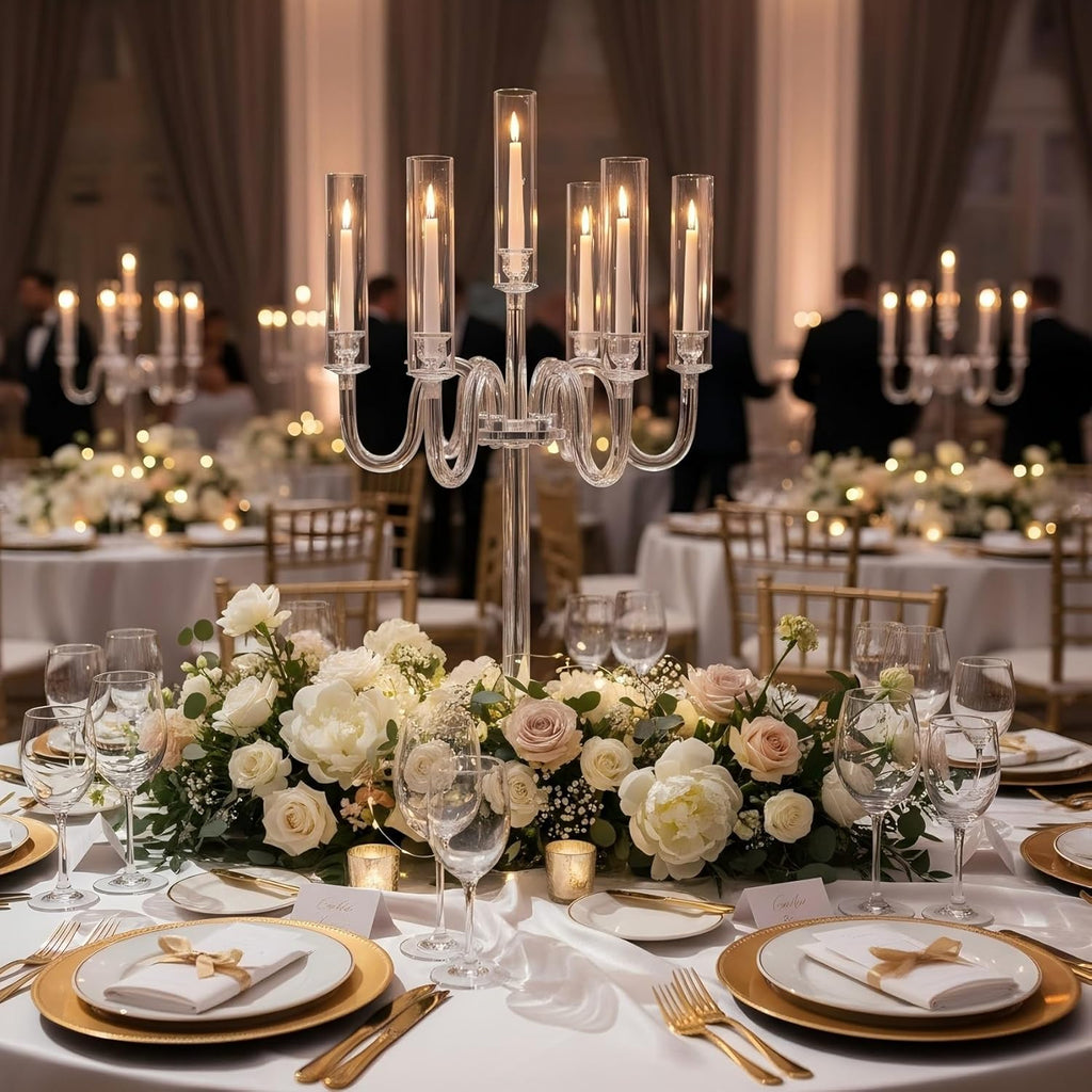 Acrylic Candelabra Centerpieces for Tables, 37.4in Tall 6 Arm Acrylic Candle Holder for Taper LED Candles, Clear