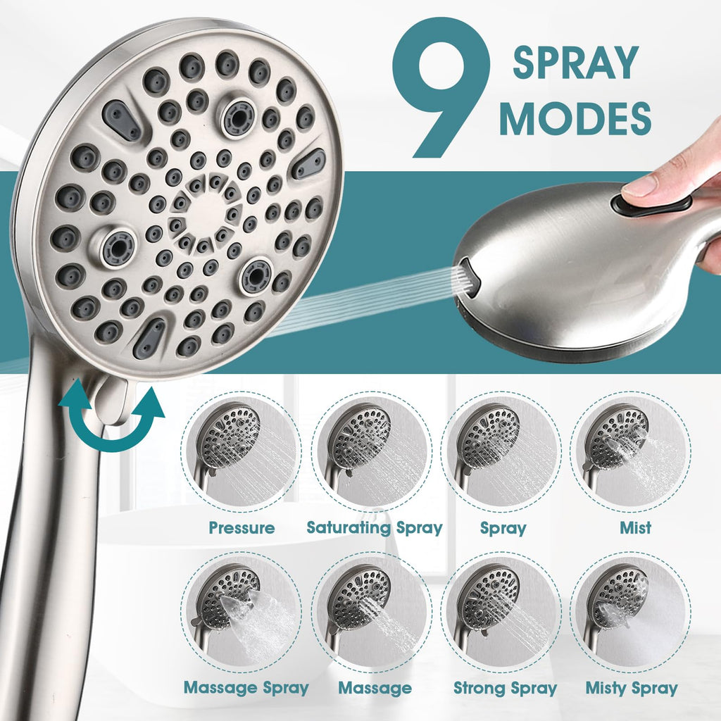 Hand Shower with Slide Bar, High Pressure 10 Setting Handheld Shower Head, Adjustable Height 24" Slide Bar, Wall