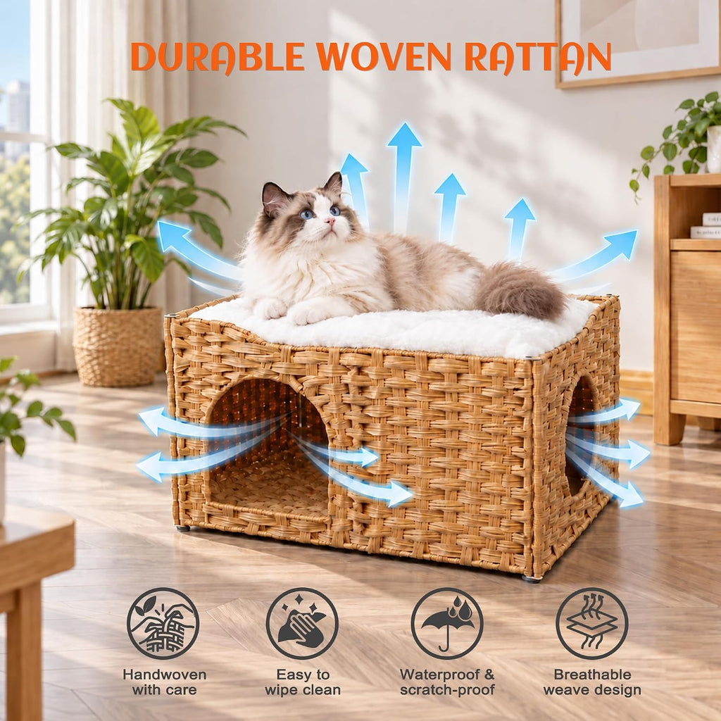 Wide Handwoven PE Rattan Cat House, Large Indoor Cave with Cushion
