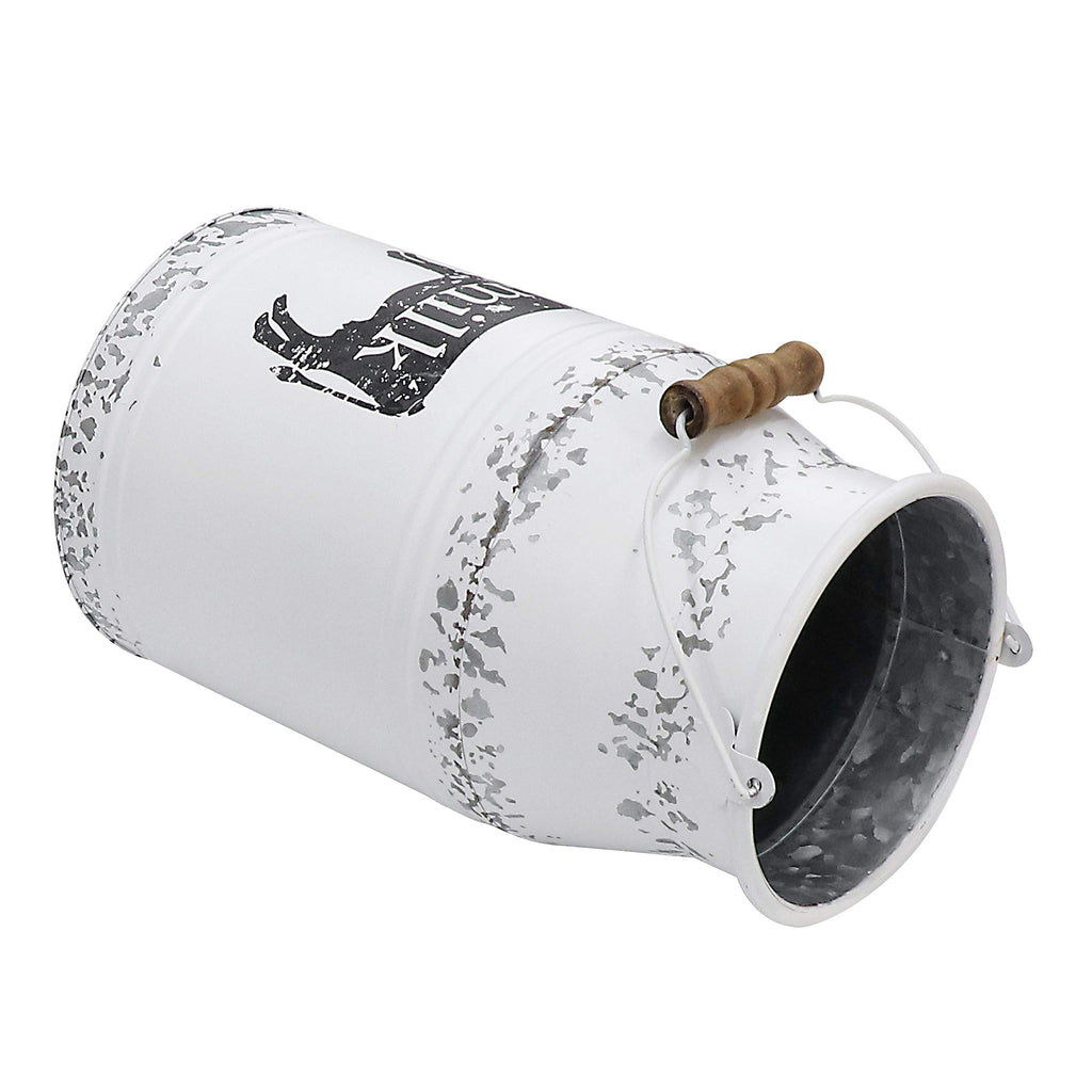 Metal Big Cow Galvanized Milk Can with Wooden Handle, Rustic White Farmhouse Vase Planter, Primitive Decorative