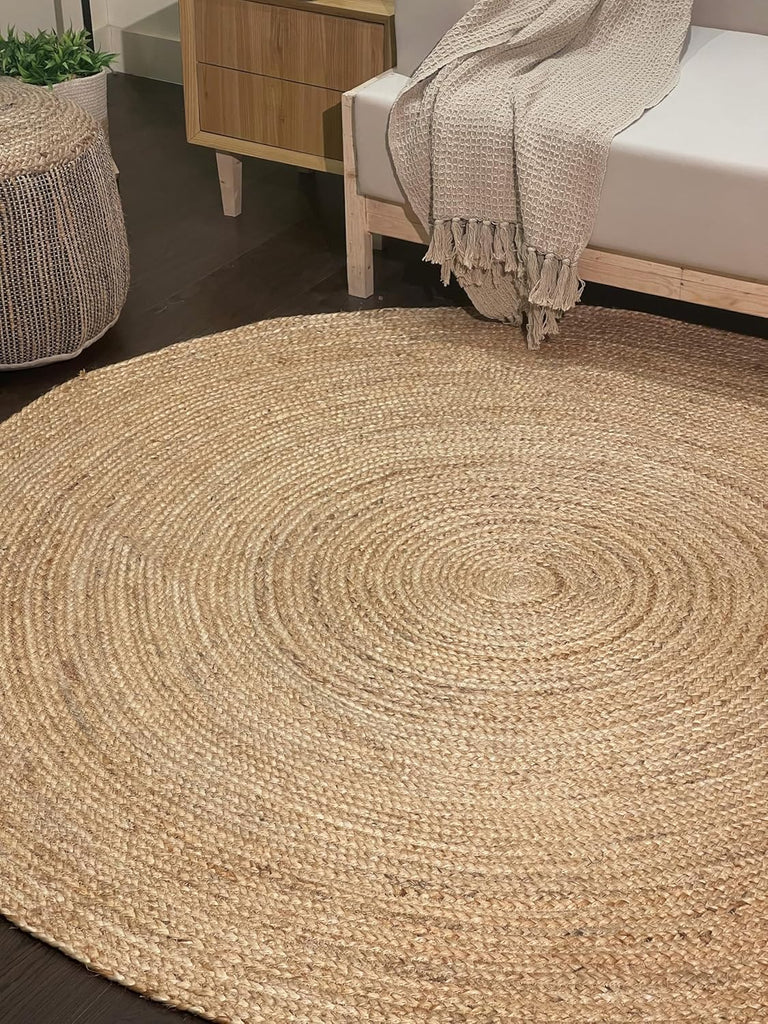 Hand Woven Natural Jute Braided Rug - 6' Round | Rustic Boho Farmhouse Reversible Area Rug , Study, or Patio | Solid