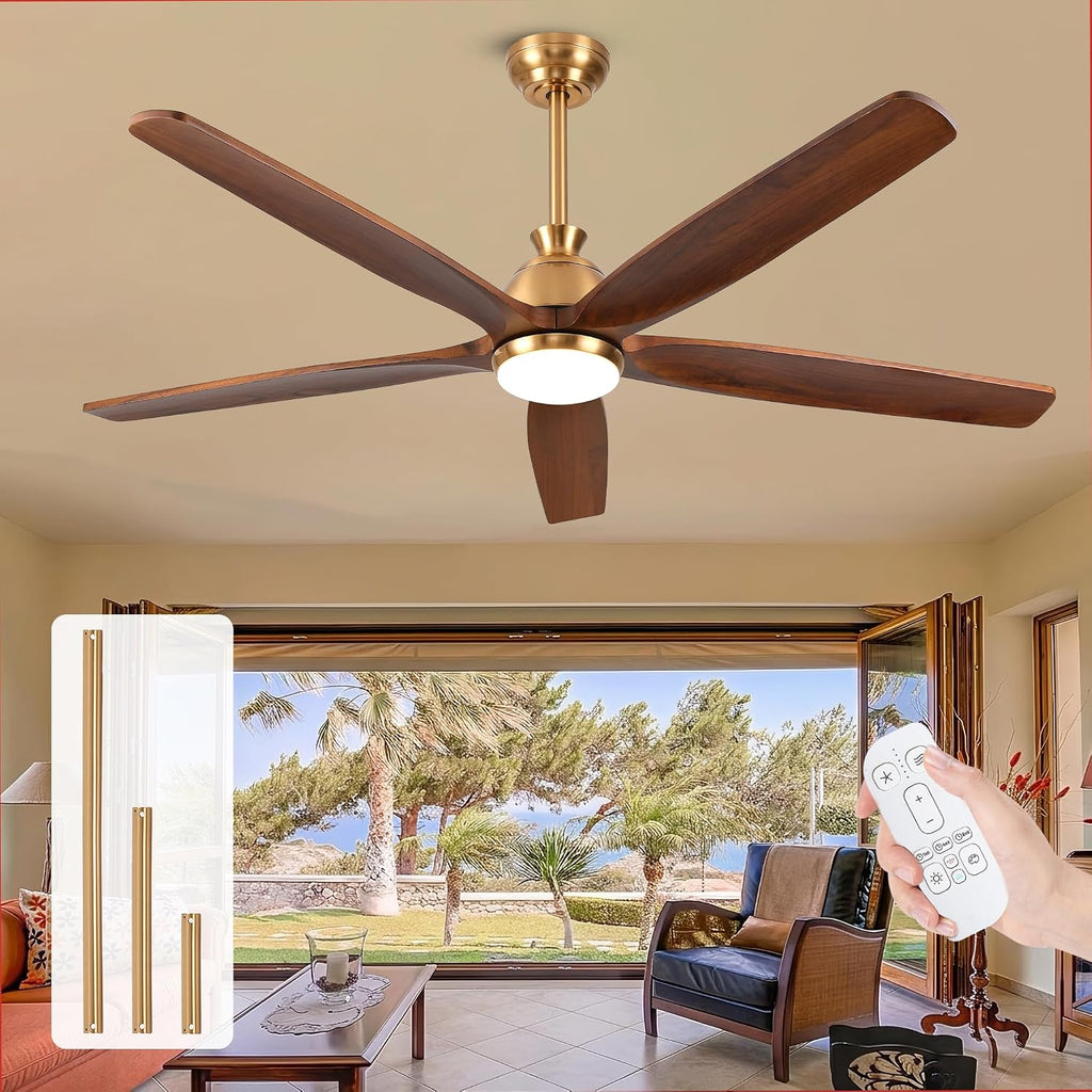 72 Inch Ceiling Fan with Light, Gold Brass Finish, 5 Solid Walnut Wood Blades, Remote, Quiet DC Motor for High Ceilings