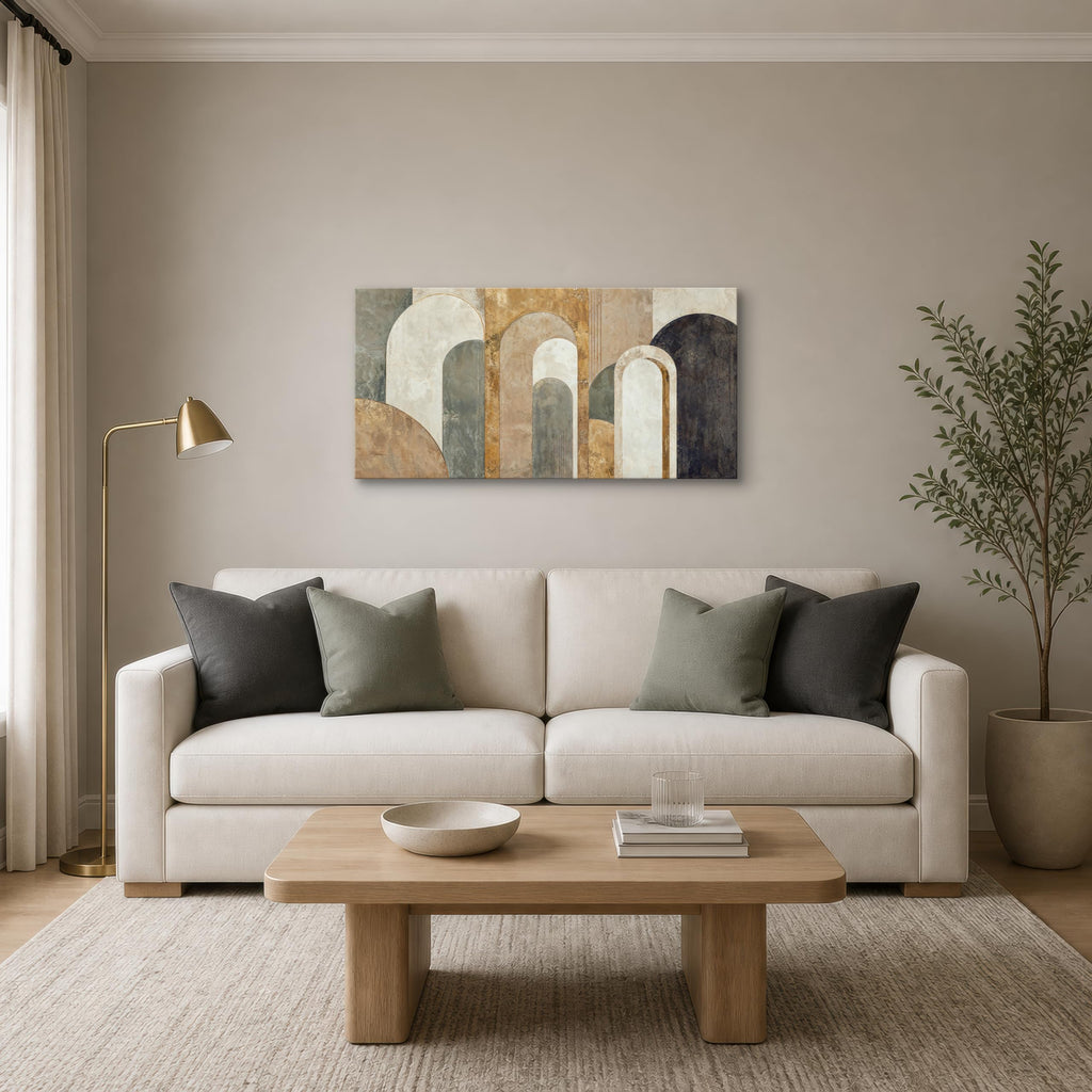 Neutral Abstract Canvas Wall Art, 40 x 20 Inch Geometric Arch Print in Beige, Sage and Muted Gold Tones, Horizontal