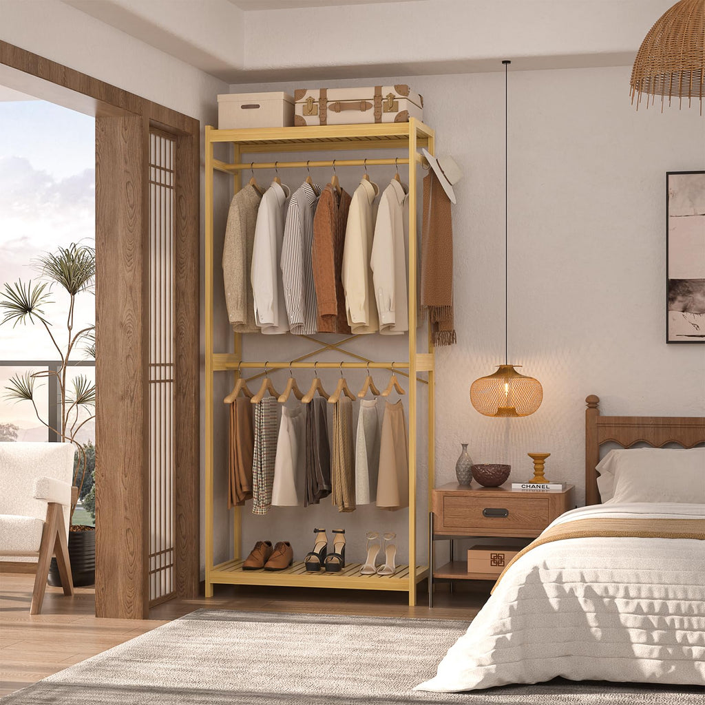Bamboo Clothing Rack with Shelves, 33.5" Wide Clothes Rack, 78.8" H