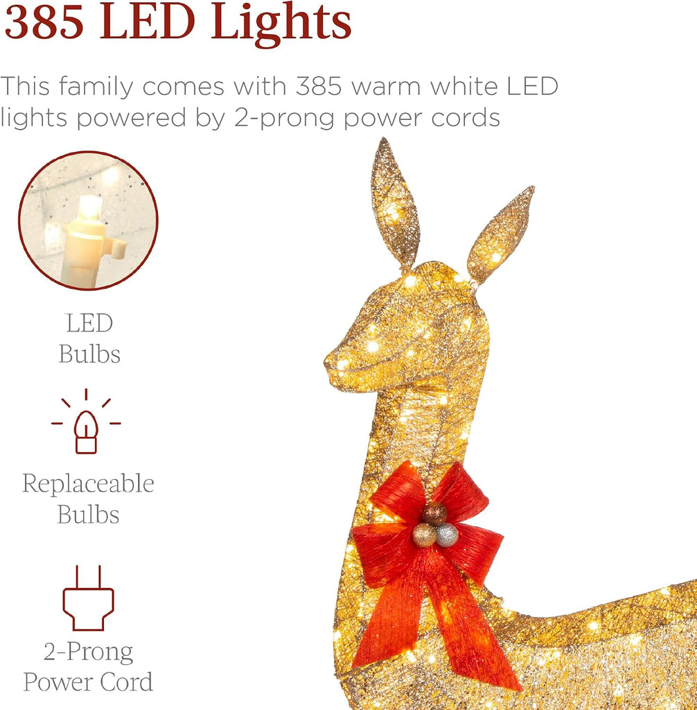 6.5ft 3-Piece Large Lighted Christmas Deer Family Set, Outdoor Yard Decoration with 385 LED Lights, Stakes, Zip Ties