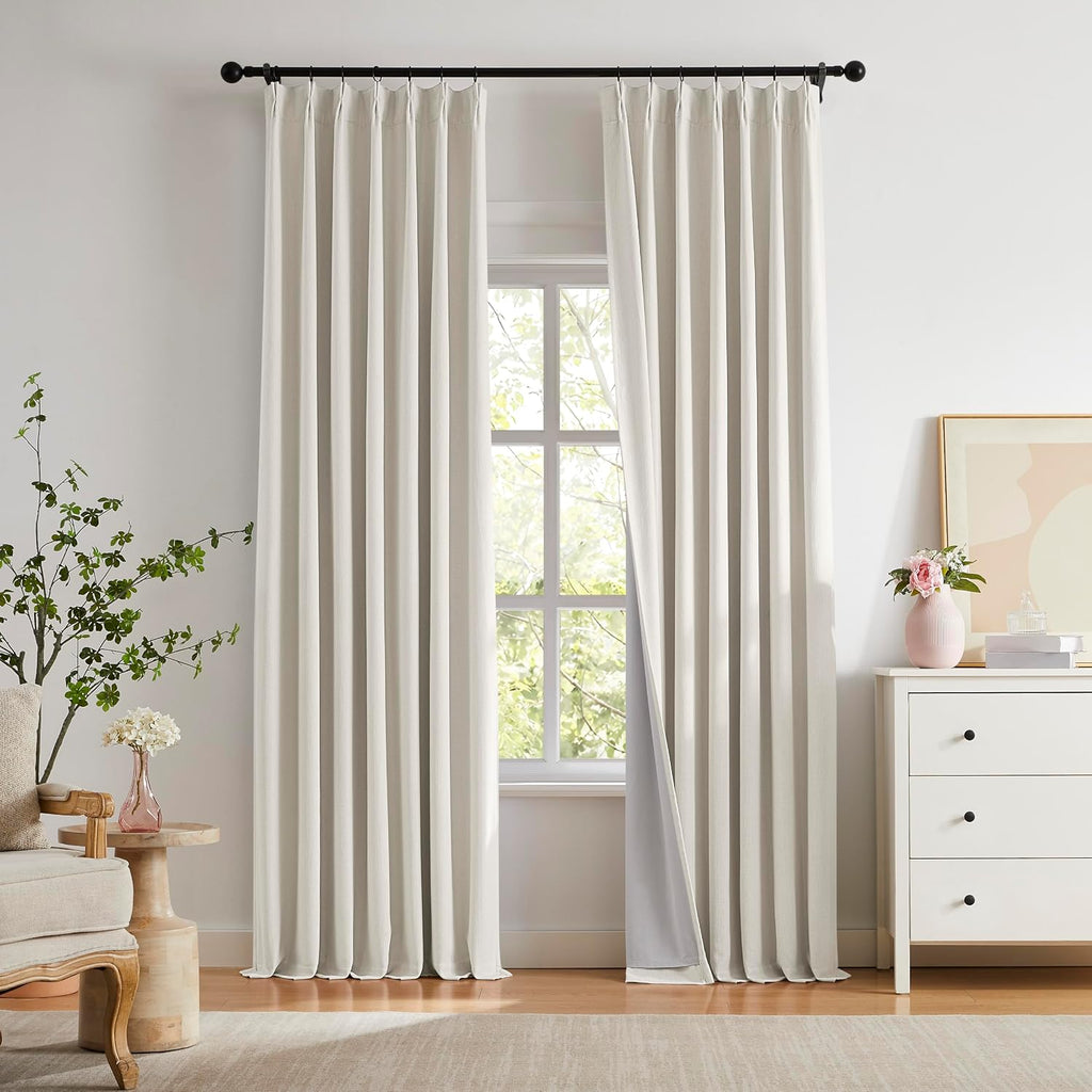 Pinch Pleated Blackout Curtains for Living Room Bedroom,100% Blackout Linen Textured Double Layer Drapes with Rings &