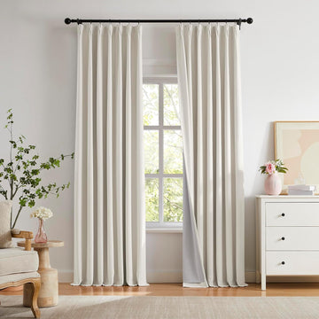 Pinch Pleated Blackout Curtains for Living Room Bedroom,100% Blackout Linen Textured Double Layer Drapes with Rings &