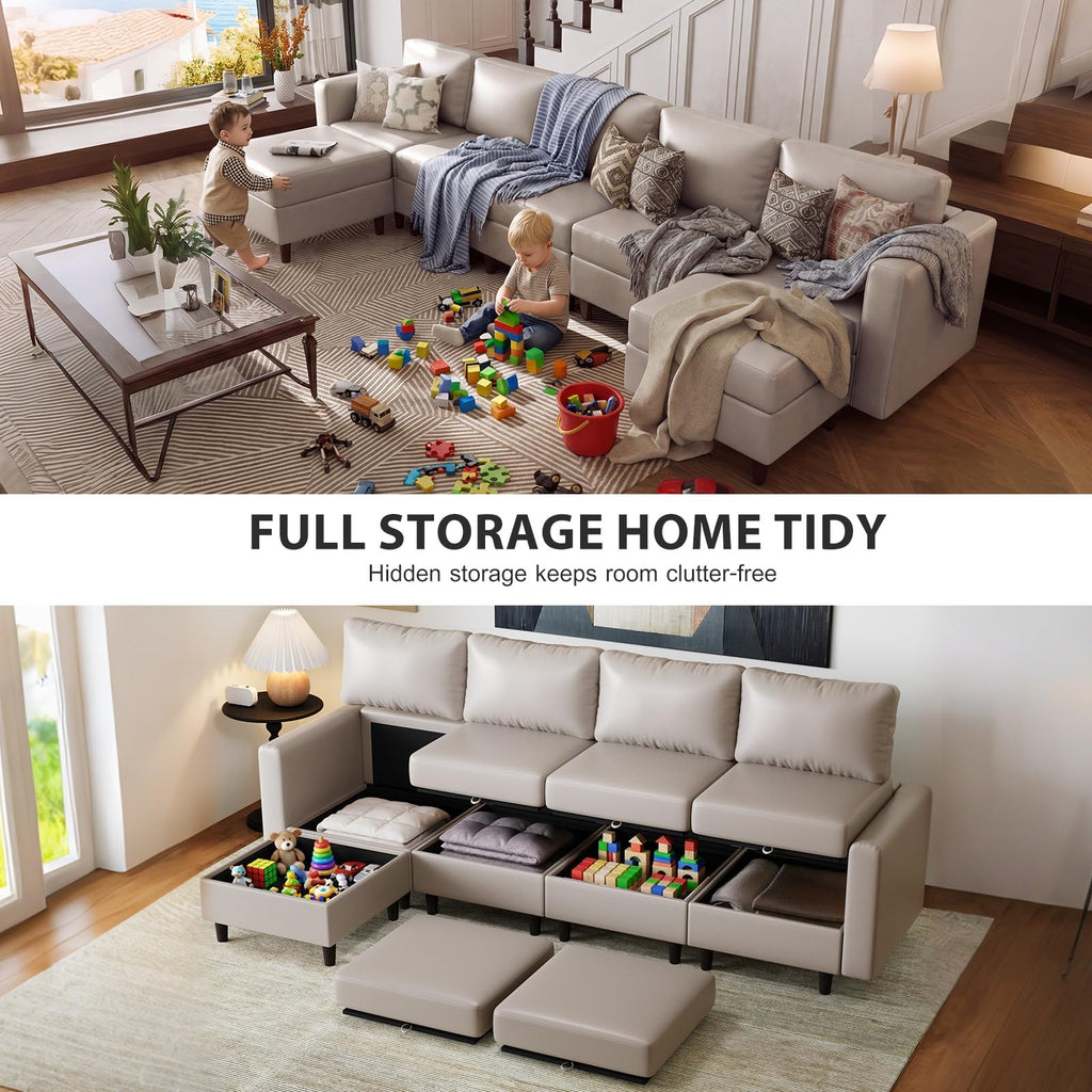 118.5" Faux Leather Modular Sectional Sofa, L Shaped Couch Set, 7-Seater Comfy Cloud Couches with Storage Seat Gray