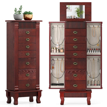 Standing Jewelry Cabinet with 7 Drawers, Flip-Top Mirror, Cherry