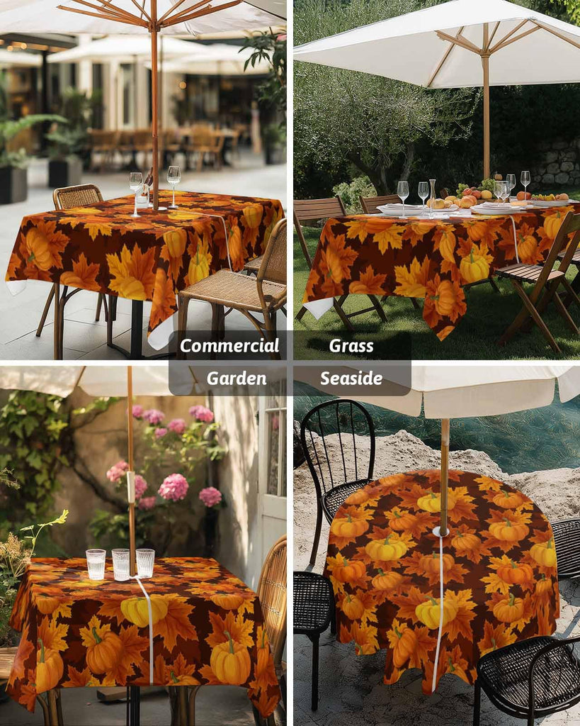 Thanksgiving Outdoor Tablecloths with Umbrella Hole and Zipper, Fall Pumpkin Maple Leaves Orange Yellow Brown