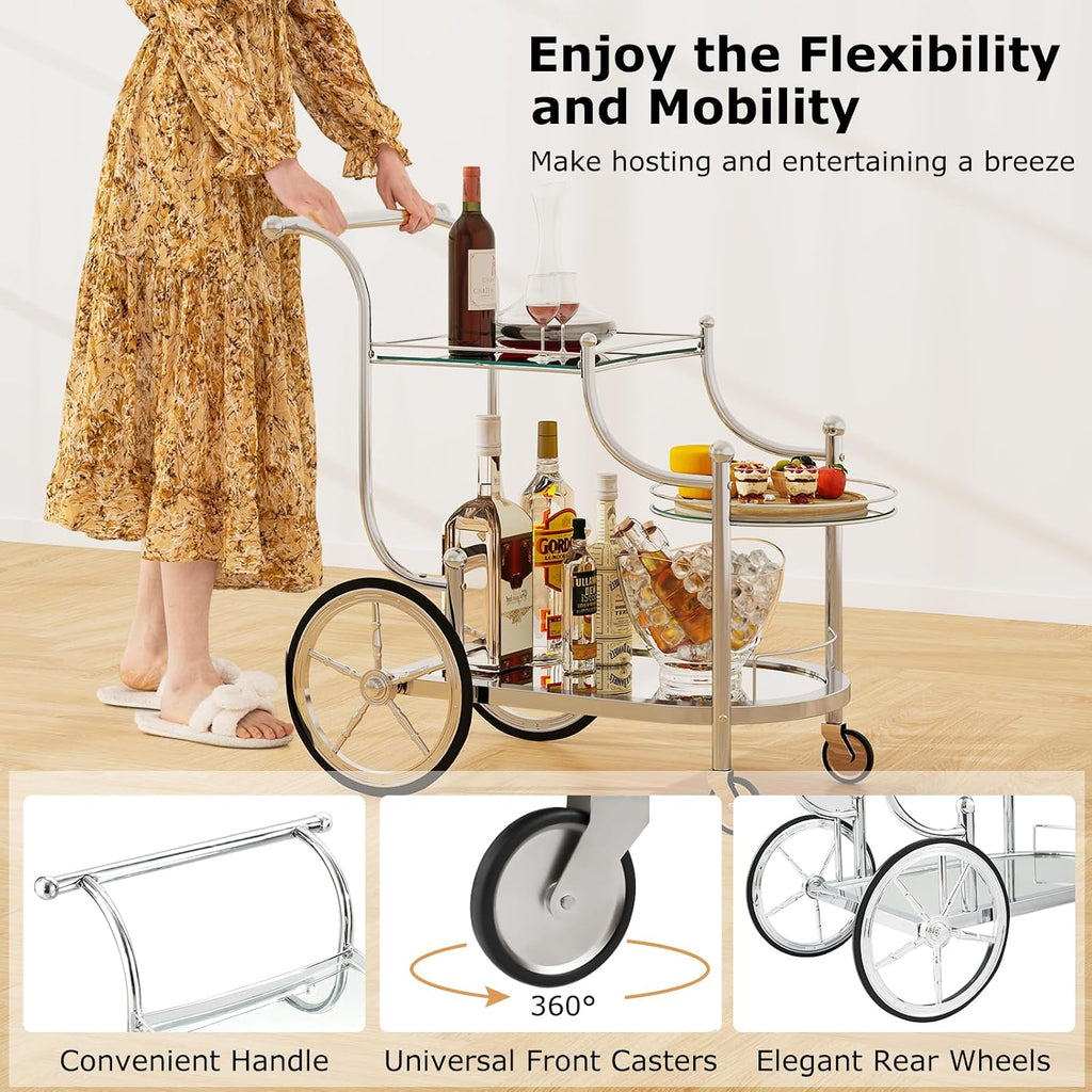 Bar Cart, 3-Tier Rolling Home Bar Serving Cart with Mirrored Shelves & 4 Wheels, Mobile Beverage & Wine Cart (Silver)