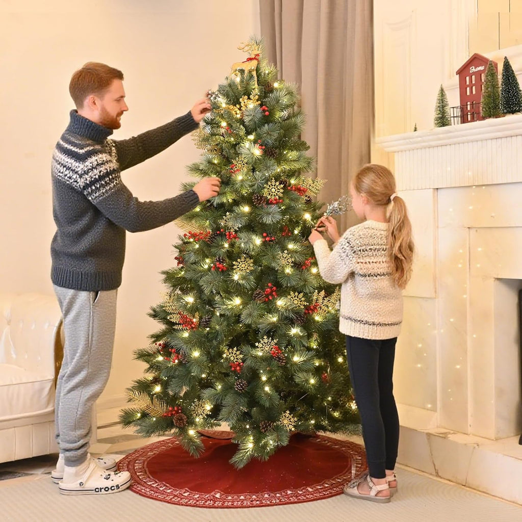 Blusxwish Snow Tips Prelit Christmas Tree with Pine Cones, Premium Artificial Xmas Tree with Warm White Lights