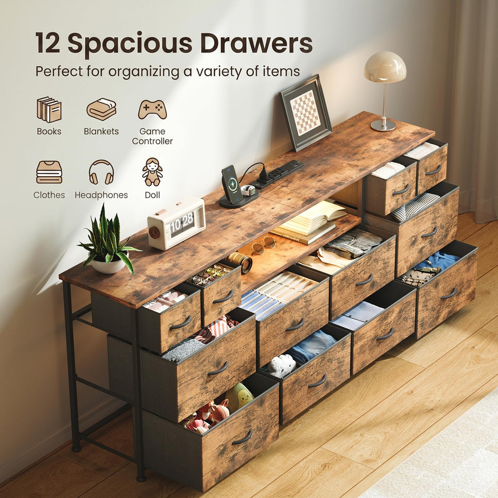 63 Inch 12 Drawers Long Dresser, Chest of Drawers, TV Stand with LED & Power Outlets, Entertainment Center with