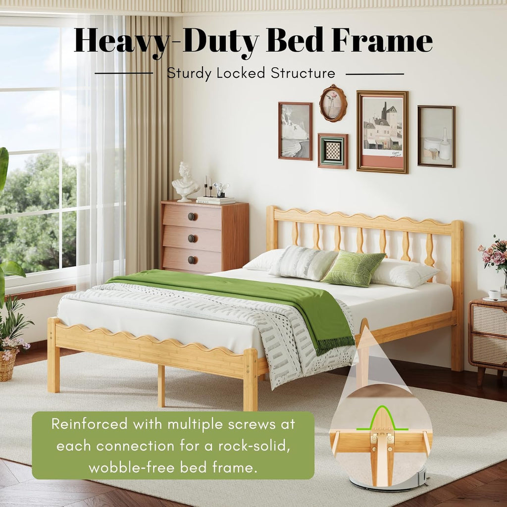 Bamboo Queen Bed Frame with Headboard, 14 inch Solid Wood Platform Bed Frames Queen with Metal Slats, No Box Spring