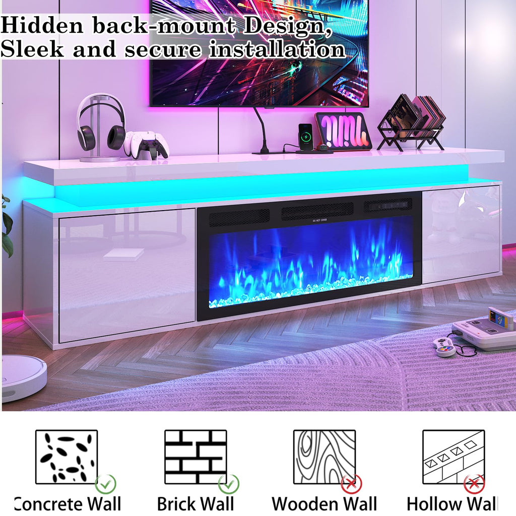 70" Floating w/ 36" Fireplace Up to 80" TVs, High Gloss LED Fireplaces TV Stand Entertainment Center for 70/75+/80