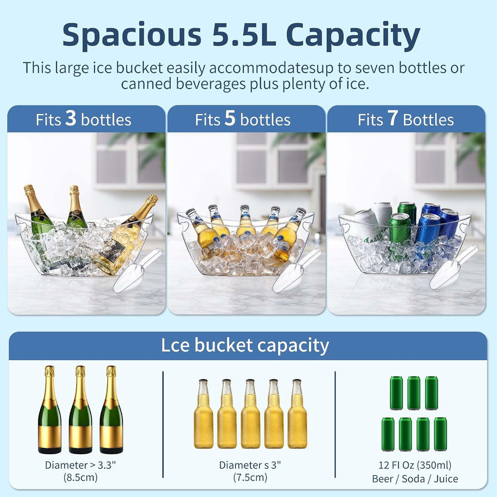 Ice Bucket for Parties 5.5L - Clear Acrylic Champagne Bucket with Scoop, Large Beverage Tub for Cocktail Bar, Wine