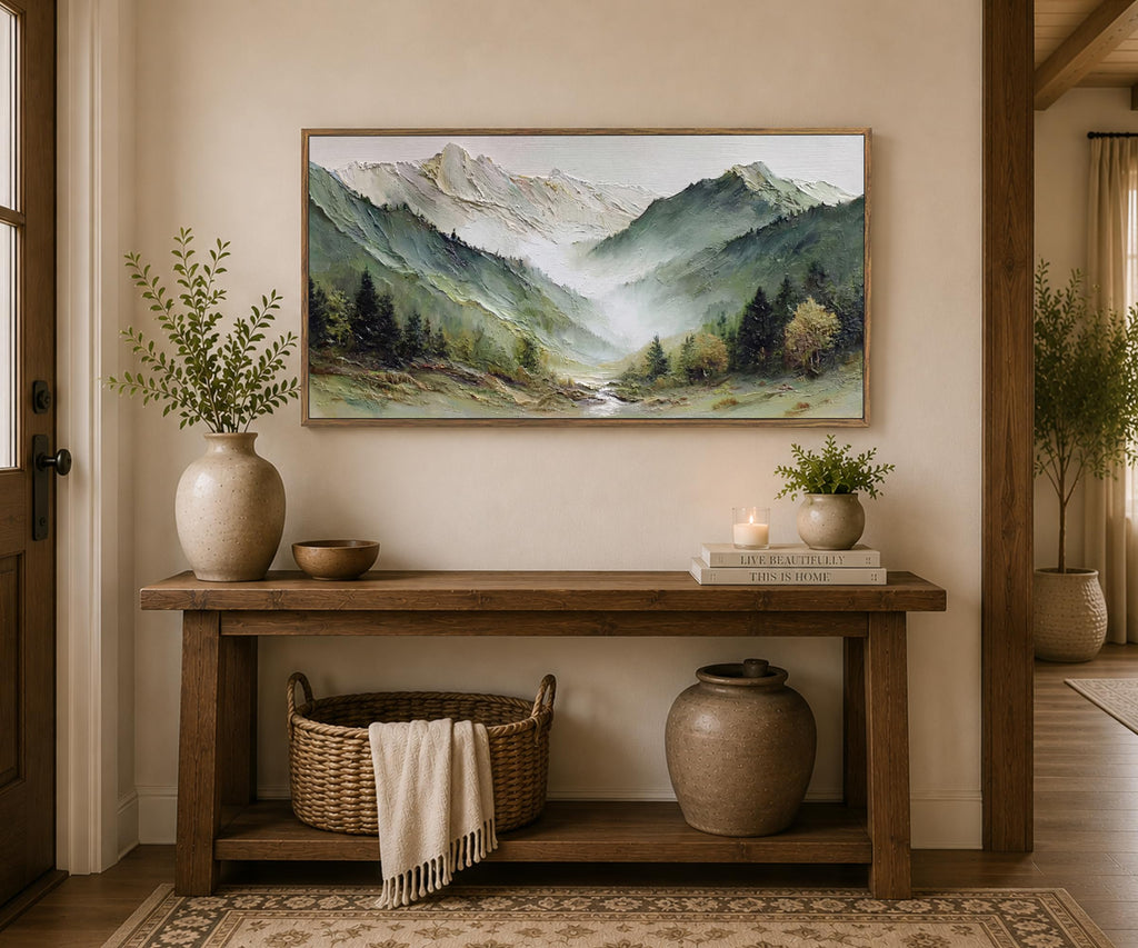 Large Framed Mountain Landscape Wall Art with Wooden Frame, Misty Forest Valley Nature Canvas Painting, Rustic Nature