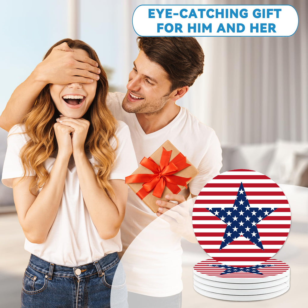 Patriotic Drinks Coasters Set of 4, Absorbent Ceramic Stone Coaster with Cork Base, Cute Coasters for Table Home