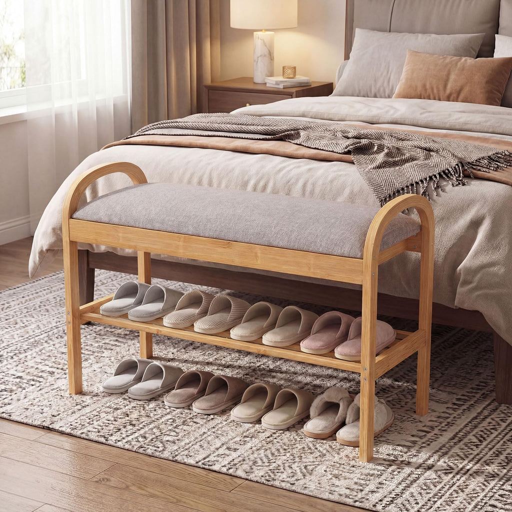 Bamboo Shoe Rack Bench with Storage, 2-Tier Entryway Bench with Flip Top Storage and Padded Seat Cushion, Shoe Rack