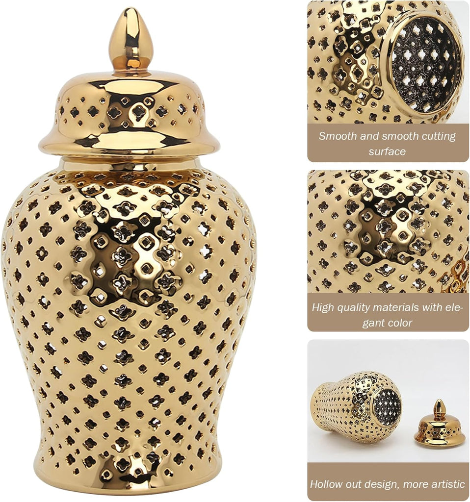 Gold Ceramic Ginger Jar with Lid Lattice 5.9x11inch Hollow Decorative Minimalist Ginger Jars Decor Vase Living Room