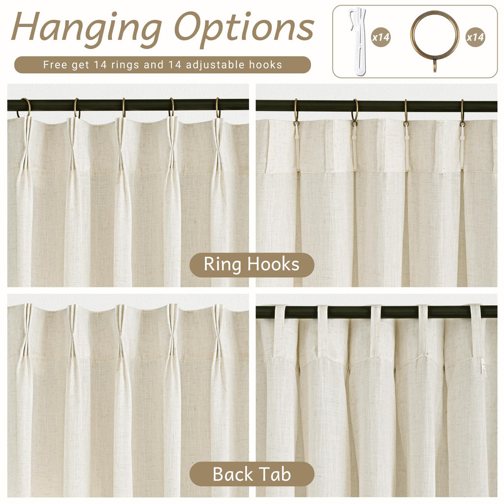 Beige Linen Blend Pinch Pleated Curtains 80 Inches Long Semi Sheer Light Filtering Window Drapes with Hooks Boho