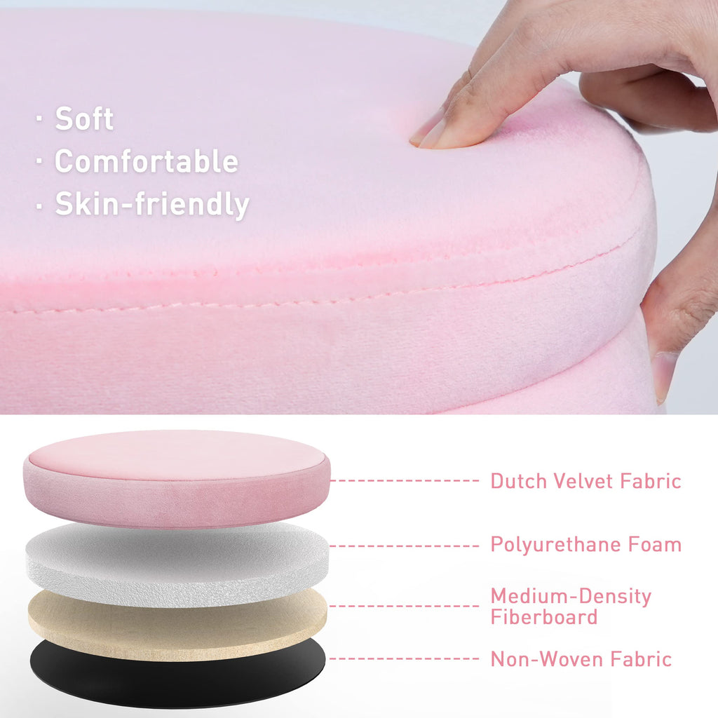 Round Storage Ottoman, Pink Velvet Ottoman with Storage, Upholstered Ottoman Foot Rest Stool with Gold Plating Base