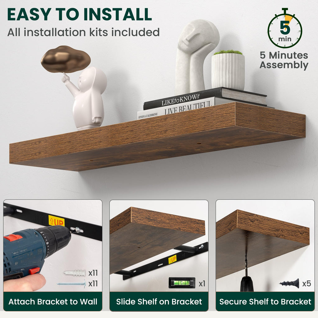 1.5" Thick Floating Shelves for Wall, 16"x6.5" Wall Mounted Shelf, Wall Storage Shelf, No Sag, Easy Install Wood Grain