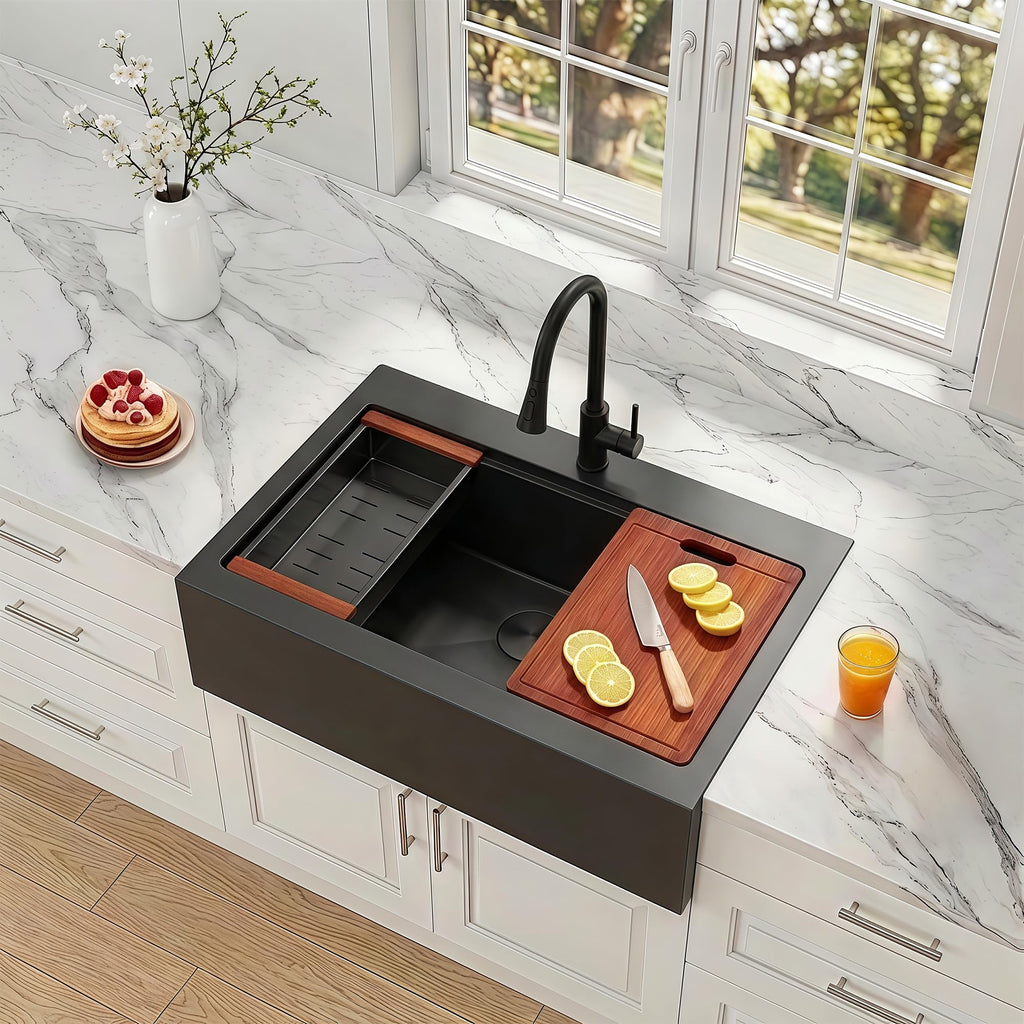 33 Inch Black Farmhouse Sink, 16 Gauge Drop-In Apron Front Sink
