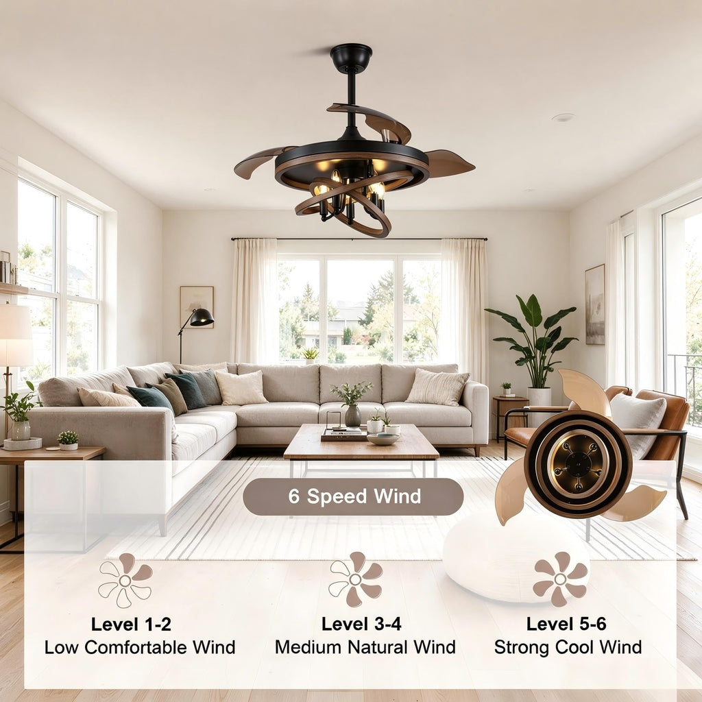42 Inch Retractable Ceiling Fan with Lights Rustic Fandelier, Remote Control Farmhouse Fandalier, DIY Lampshade