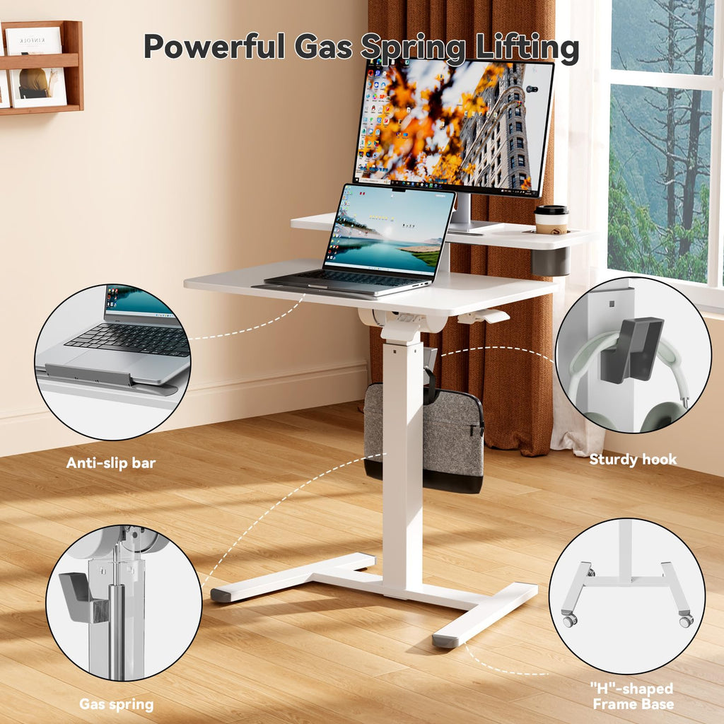 28" Mobile Standing Desk, Tiltable Top with 2-Tier Shelves, White