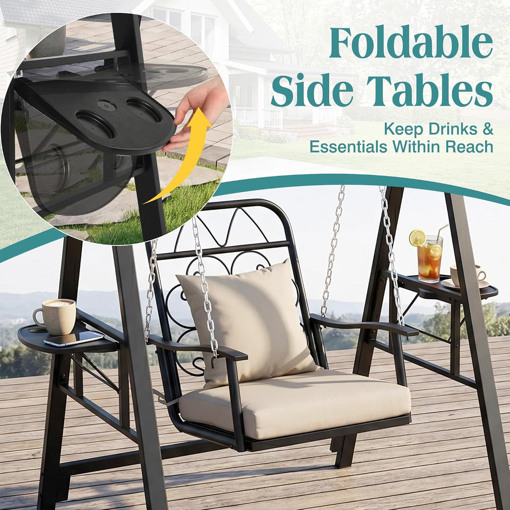 Metal Porch Swing with Stand, 350 LBS Outdoor Patio Porch Swing | Single Outdoor Patio Swing Chair with Heavy-Duty