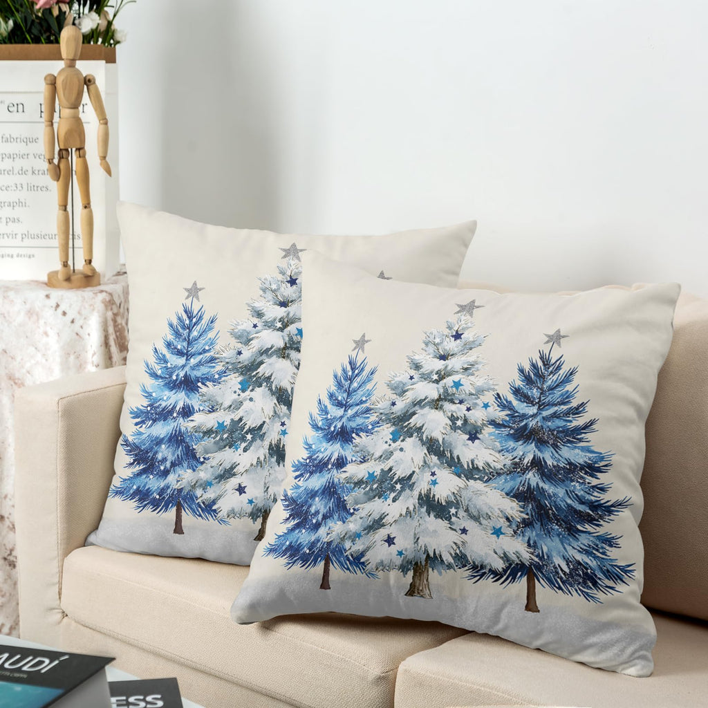 Blue Christmas Tree Pillow Covers 16x16 Set of 2 Xmas Pillow Cases