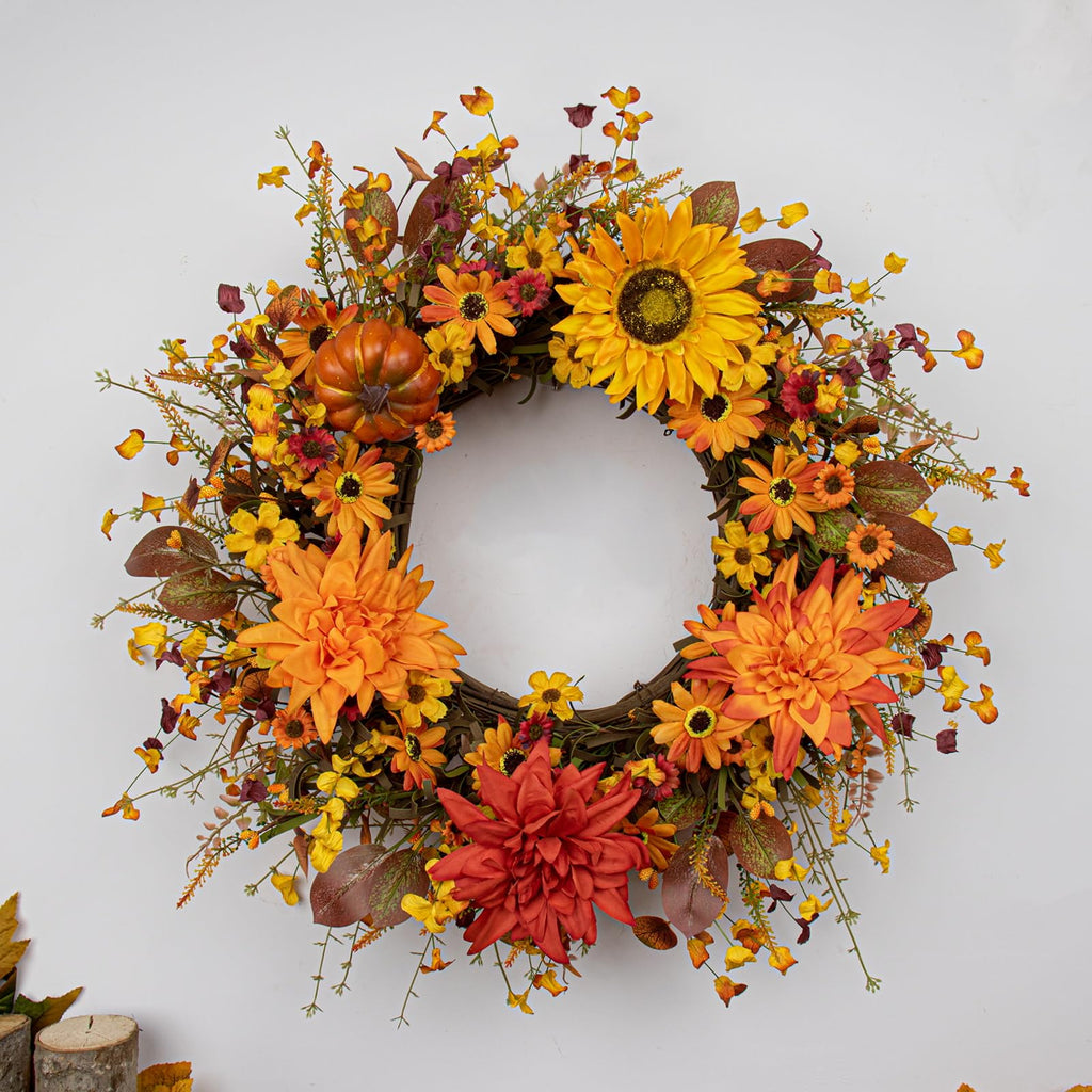 Fall Wreaths for Front Door 20 Inch Artificial Fall Wreath Autumn Flower Wreath with Sunflower Daisy Dahlia Pumpkin