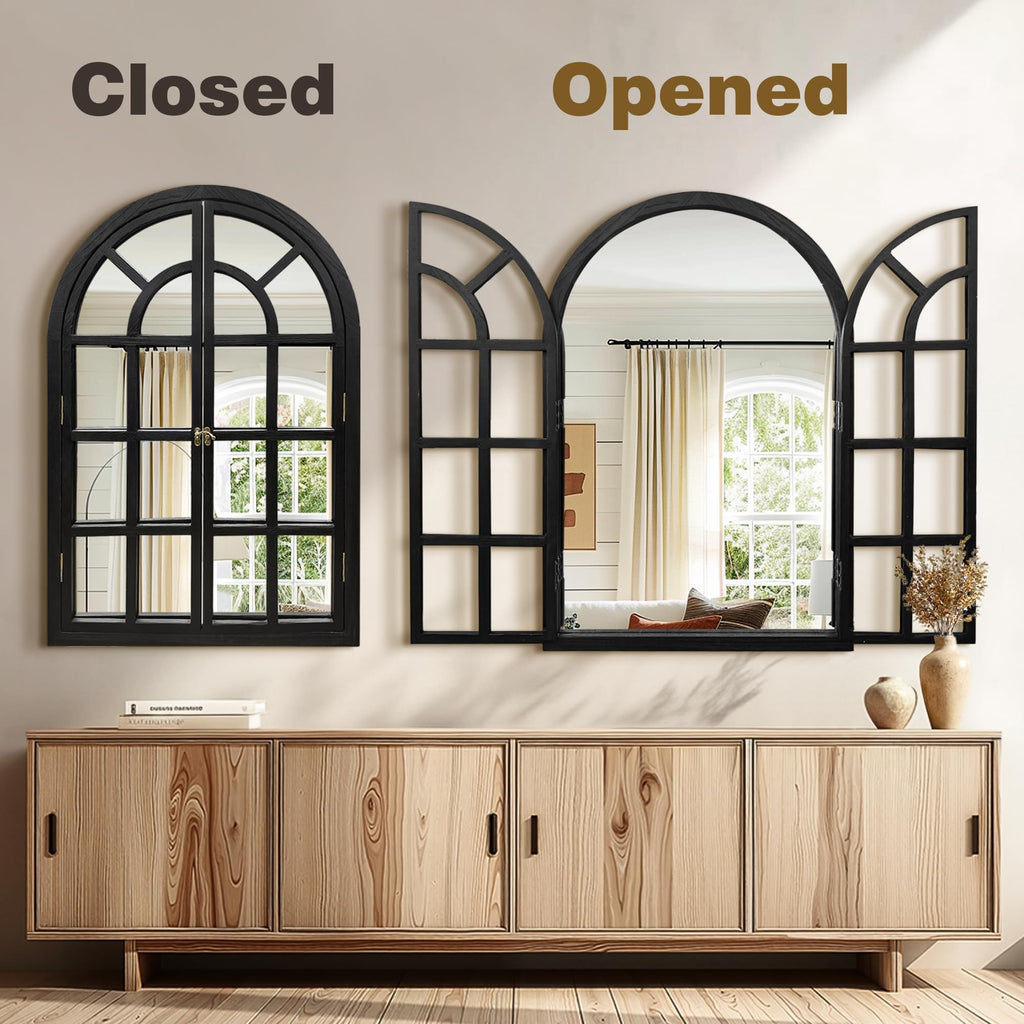 Arched Rustic Farmhouse Wood Mirror for Wall, 26" x 38", Black