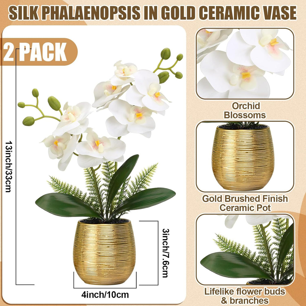 Orchids Artificial Flowers in Gold Ceramic Vase 13'' White Fake Flowers Phalaenopsis Faux Orchid Wedding Party - Set of 2