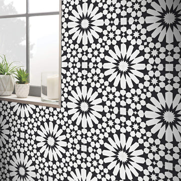 Agdal Handmade Cement Tile in Black and White, 8"x8, 5 Sq Ft