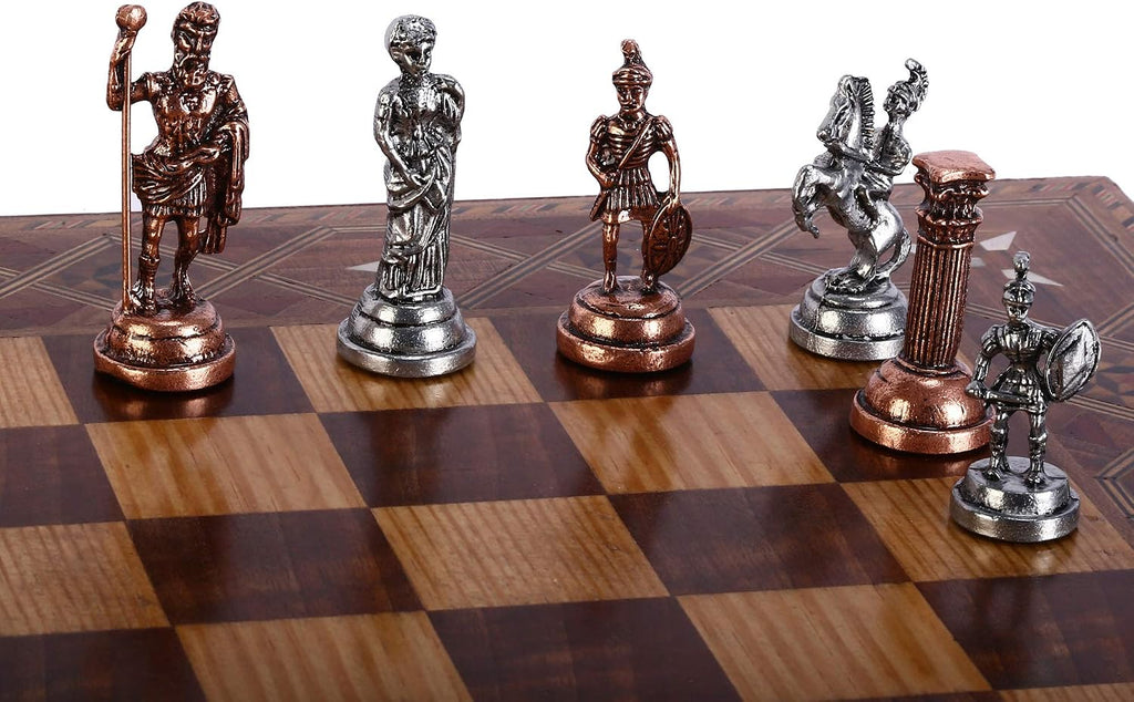 Antique Copper Roman Figures Metal Chess Set for Adults,Handmade Pieces and Natural Solid Wooden Chess Board
