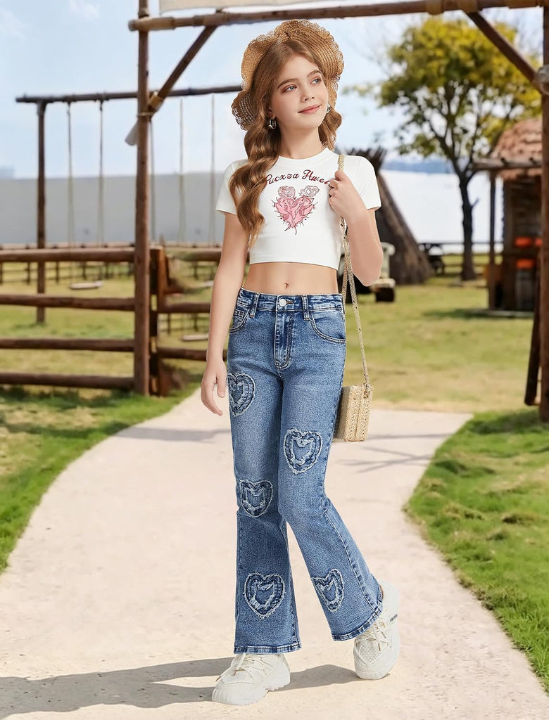 Girls Jeans Flare High Elastic Waist Denim Pants Bell Bottom Stretch Cute Y2K Streetwear with Pockets