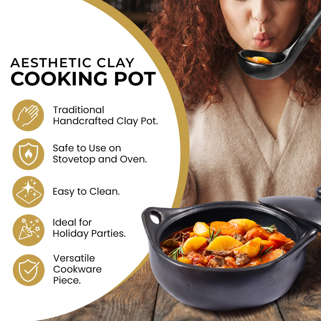 Authentic Chamba Casserole - Elegant Handmade Black Clay Cooking Pot with Cover - Perfect for Soups, Stews, Braises &