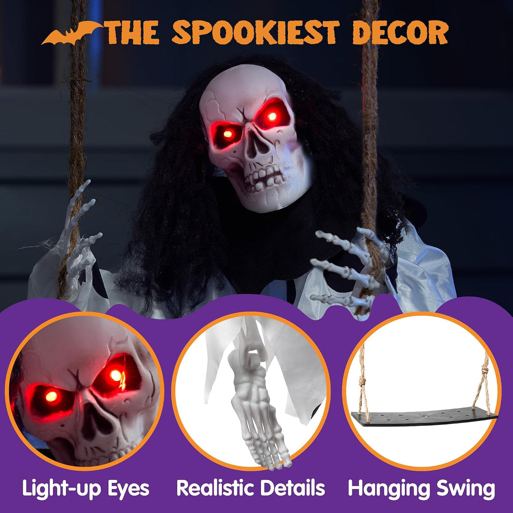 36" Hanging Clown Outdoor Halloween Decorations, Swinging Skeleton Decor with Light Up Eyes Button Battery Operated