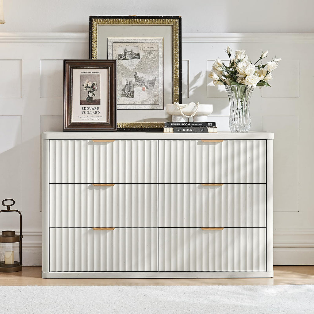 Fluted 6 Drawers Dresser, 48" Wide Modern Chest of Drawers with Wood Grain Top, Curved Profile Design, Dresser TV